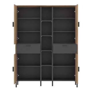 The CHOICEWARDROBE Arthur 119cm 4 Door 2 Drawer Wooden Wardrobe in grey oak offers black interiors, shelves, two central drawers, and versatile compartments—ideal for modern bedrooms. The wardrobe is currently empty.