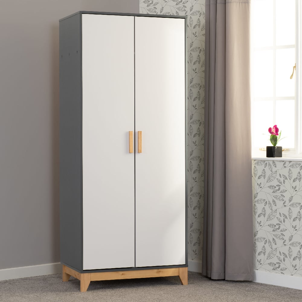 CHOICEWARDROBE Arthur 2 Door Wardrobe - White and Grey with Oak Legs