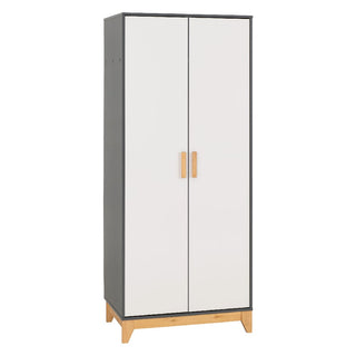 The CHOICEWARDROBE Arthur 2 Door Wardrobe features a modern Scandinavian design with white and grey panels, oak legs, and minimalist lines—perfect bedroom storage with stylish two-tone appeal.
