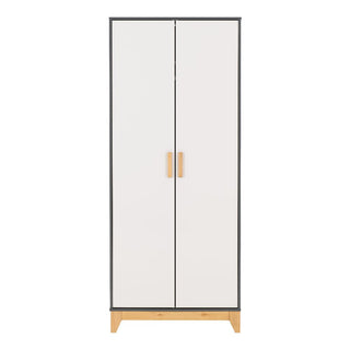 The CHOICEWARDROBE Arthur 2 Door Wardrobe features a tall, rectangular Scandinavian design in white and grey, with oak legs, photographed against a white background.