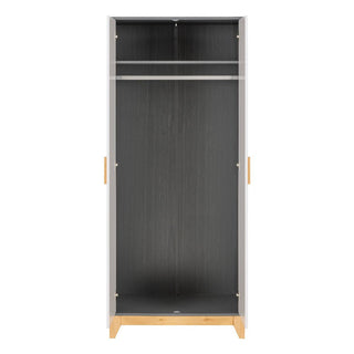 The CHOICEWARDROBE Arthur 2 Door Wardrobe features a white and grey Scandinavian design, oak legs, wooden handles, and a black interior with an upper shelf and hanging rod for bedroom storage.