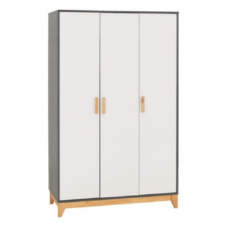 The CHOICEWARDROBE Arthur 3 Door Wooden Wardrobe features a white and grey finish with oak handles, offering a modern Scandinavian design that combines simplicity and style.