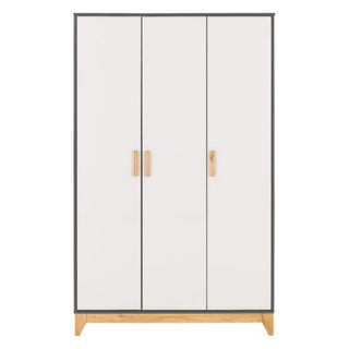 The CHOICEWARDROBE Arthur 3 Door Wooden Wardrobe in white and grey, with oak handles and a modern Scandi design, is shown against a plain white background.