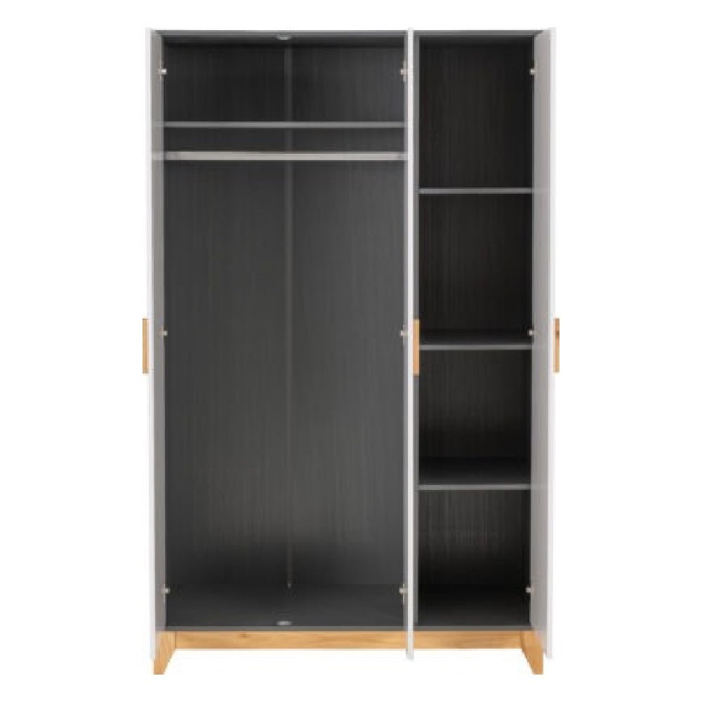 CHOICEWARDROBE Arthur 3-door wooden wardrobe in white and grey with oak handles, showing hanging rail and shelves.