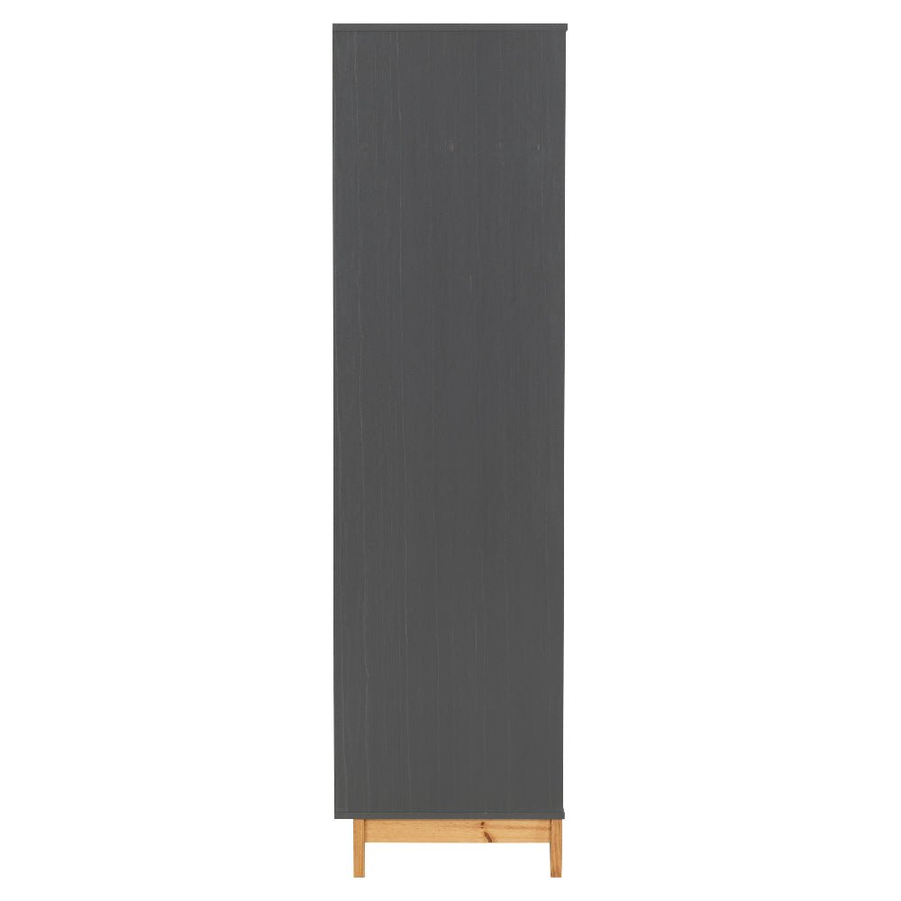 Grey wardrobe back panel with a light wood base
