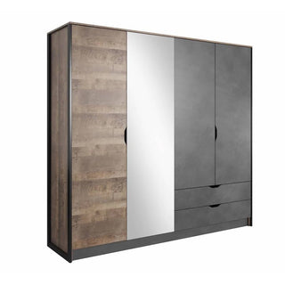 The CHOICEWARDROBE Arvada 220cm 4 Door Wooden Wardrobe in Grande Matera Oak & Mirror features contemporary sliding doors, drawers, shelves, a hanging rail, and mirrored panels for a stylish and functional storage solution.