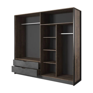 The CHOICEWARDROBE Arvada 220cm 4 Door Wooden Wardrobe in Grande Matera Oak & Mirror features contemporary sliding doors, drawers, shelves, and a hanging rail for organized storage.