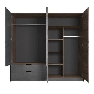 The CHOICEWARDROBE Arvada 220cm 4 Door Wooden Wardrobe in Grande Matera Oak & Mirror is a contemporary sliding wardrobe with two sections: one has a hanging rail and two drawers; the other offers a hanging rail and five shelves.