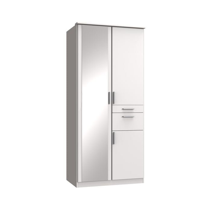 Arvion 90cm compact 2 door wardrobe in white finish with mirror and drawers