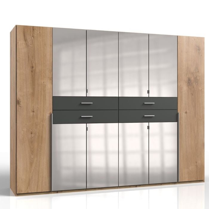 CHOICEWARDROBE Arvion 6-door mirrored wardrobe, 270cm wide, planked oak and graphite finish