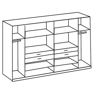 Line drawing of the CHOICEWARDROBE Arvion 6 Door Mirrored Wardrobe in Oak & Graphite Finish, 270cm wide, showing multiple shelves, four central drawers, two side hanging rods, and an open compartmentalized structure.
