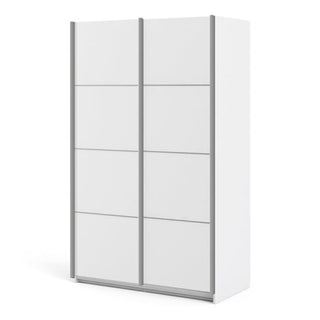 Angled side view of ChoiceWardrobe 2 Door White Wardrobe showing premium sliding mechanism and space-saving profile.