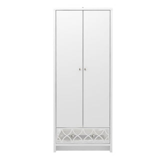 The CHOICEWARDROBE Asmara 2 Door Wardrobe features a white gloss finish, mirrored decorative panel, and modern design with central round handles—an elegant 73cm bedroom storage solution.