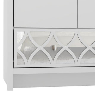 A close-up of the CHOICEWARDROBE Asmara 2 Door Wardrobe (73cm) in white gloss finish, featuring a mirrored decorative panel with elegant curved line patterns—ideal modern bedroom storage.