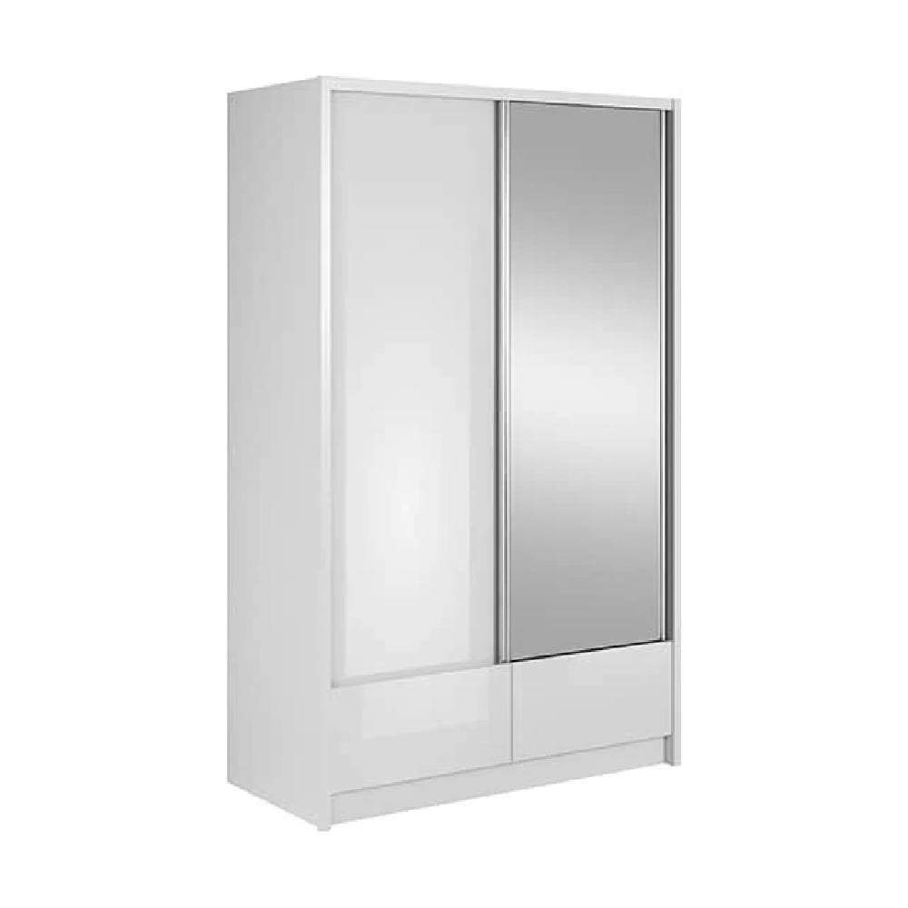 White high gloss sliding wardrobe with one mirrored door and two drawers.