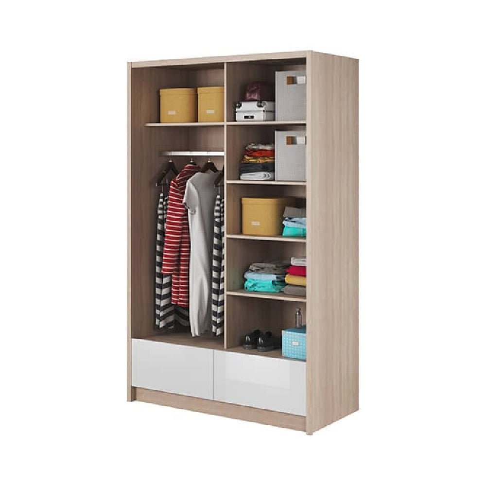 White high gloss sliding wardrobe with mirrored door and two drawers visible