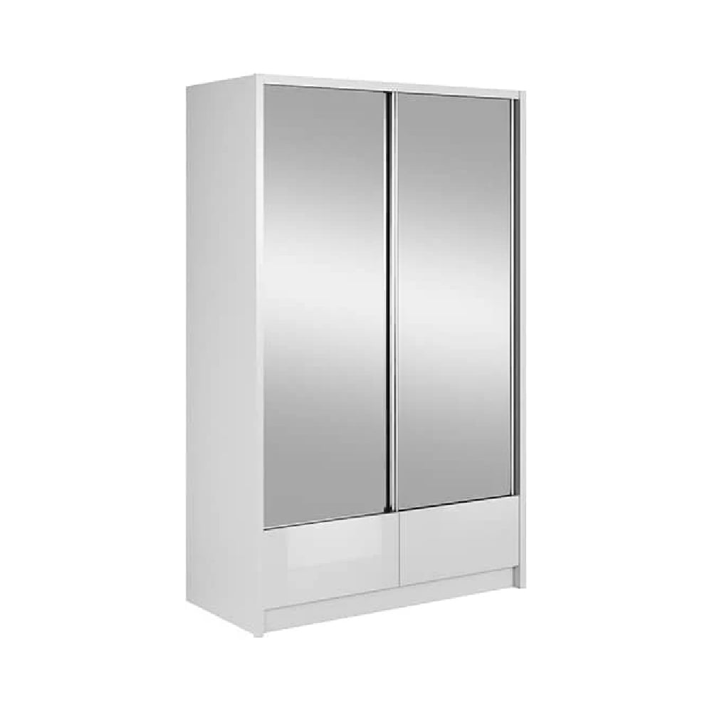 White gloss sliding wardrobe with dual mirrored doors and drawers