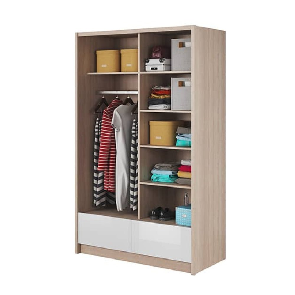 Light wood effect sliding wardrobe with mirrored doors, open shelves, and two white gloss drawers.