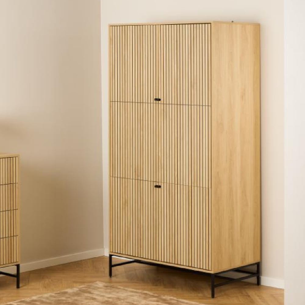 CHOICEWARDROBE Attica 2-door wooden wardrobe in oak finish with fluted design and black metal base.