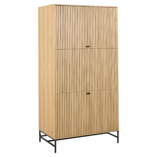 The CHOICEWARDROBE Attica 2 Door Wooden Wardrobe features a 99cm oak and matt black finish, fluted vertical design, small black handles, and a sturdy metal frame base for modern, minimalist bedroom storage.