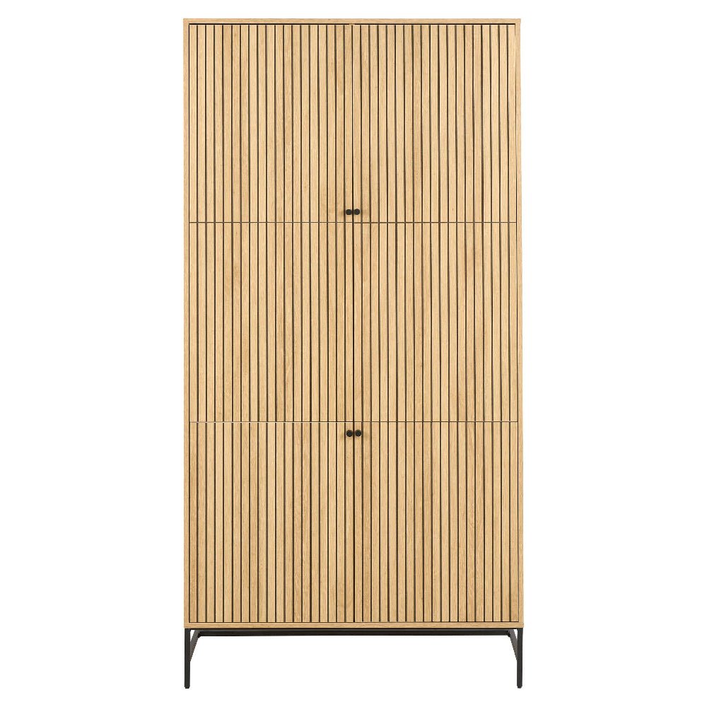 CHOICEWARDROBE Attica two-door oak fluted wardrobe with matt black metal frame base, photographed on a white background.