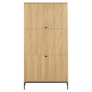 The CHOICEWARDROBE Attica 2 Door Wooden Wardrobe in a 99cm oak and matt black finish features a fluted design and sturdy metal frame base, offering stylish bedroom storage. Photographed against a white background.