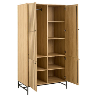 The CHOICEWARDROBE Attica 2 Door Wooden Wardrobe in 99cm Oak & Matt Black features a fluted design, metal frame base, and modern minimalist style—ideal bedroom storage with shelves and a hanging rod inside.