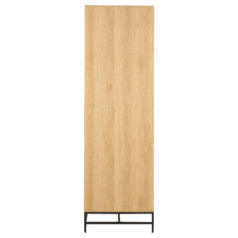 Oak effect wood grain wardrobe door with vertical fluted design and black metal frame base.
