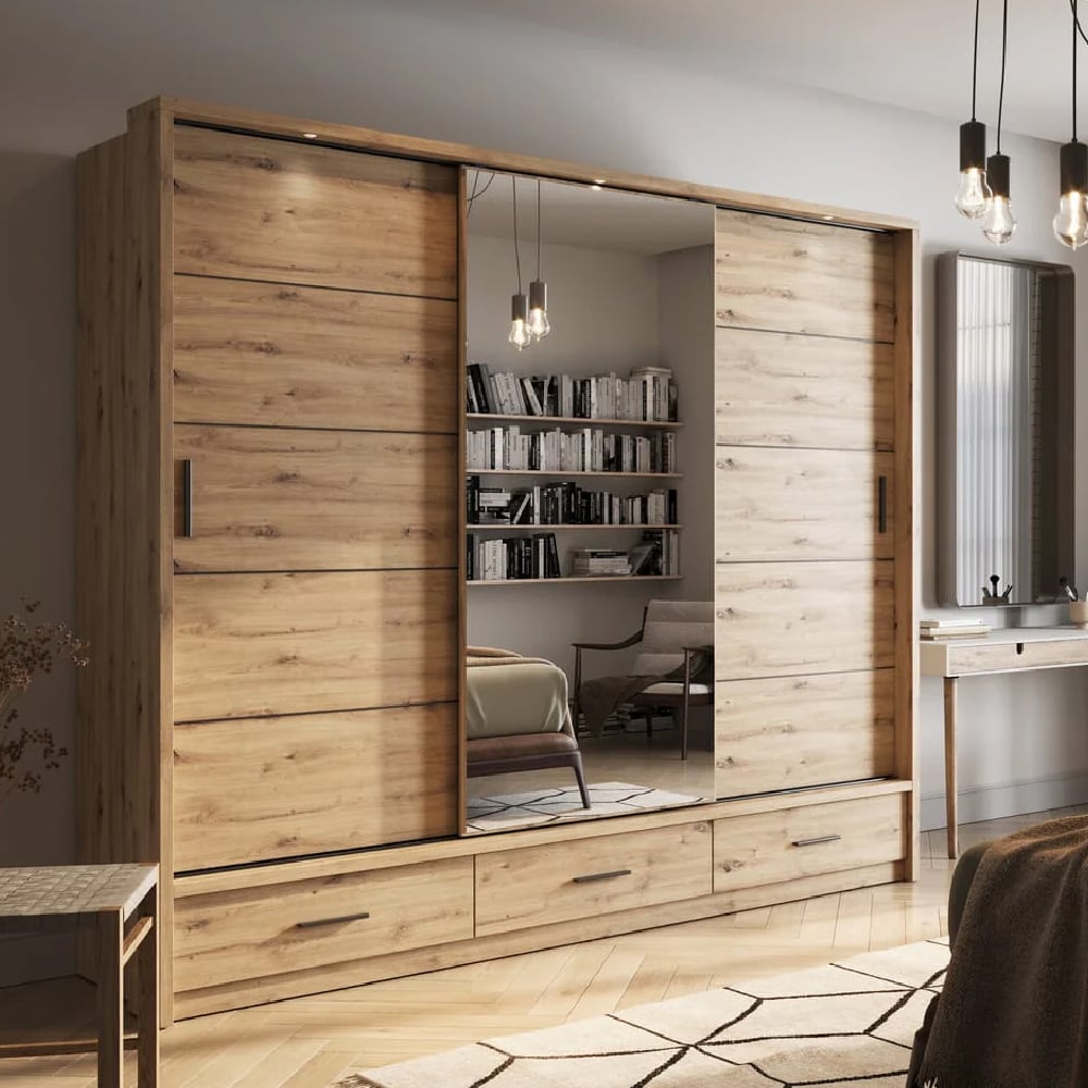 CHOICEWARDROBE Averton 250cm three-door sliding wardrobe in artisan oak with mirrored centre door and LED lighting.