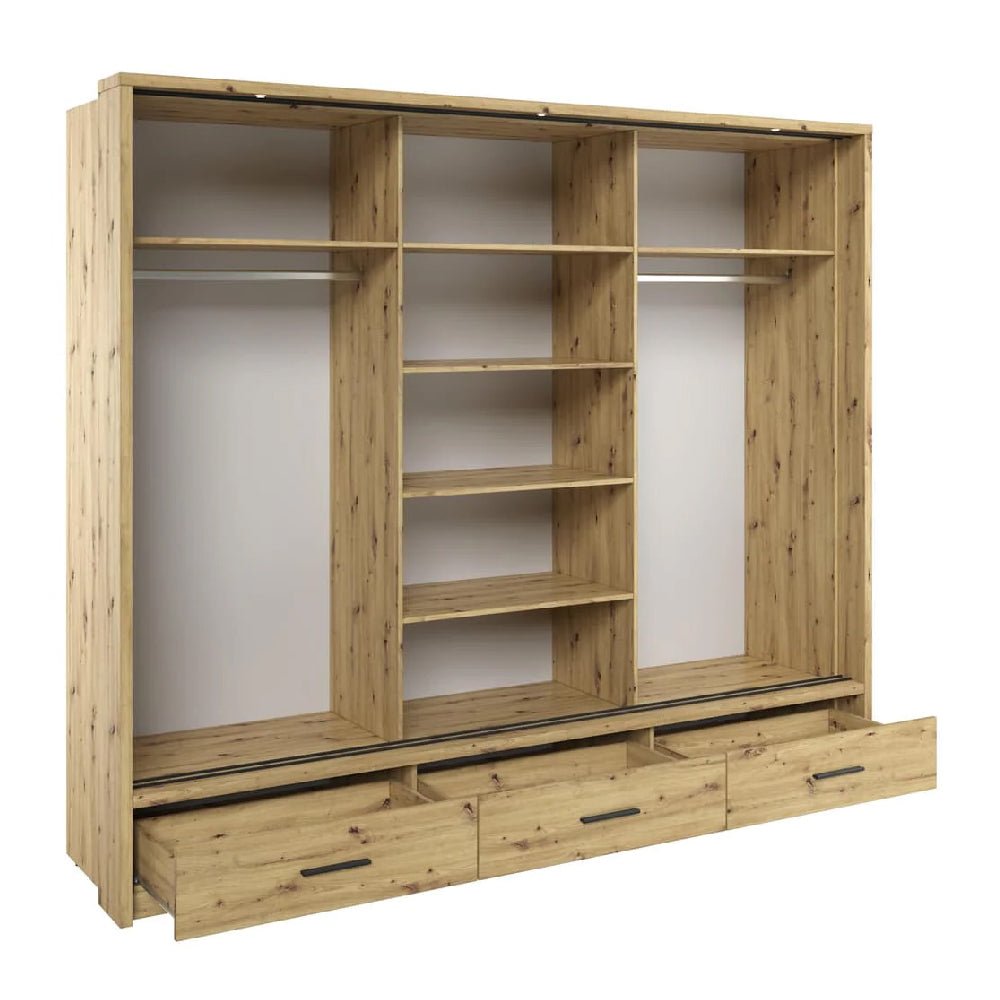 250cm sliding wardrobe, Artisan Oak finish, 3 doors showing interior shelving and hanging rails