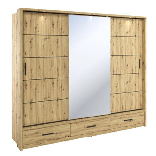 Front view of ChoiceWardrobe Averton 3 Door Sliding Wardrobe, Artisan Oak finish with mirror panel and built-in LED lights.