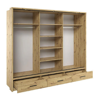 Internal storage layout of Averton 250cm Sliding Wardrobe showing adjustable shelves, hanging rails, and LED-lit compartments.