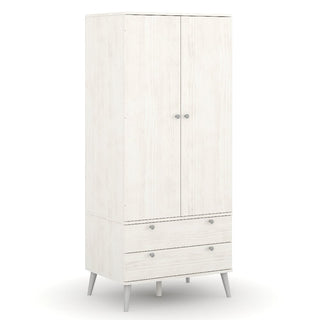 The CHOICEWARDROBE Avoch 2 Door Wooden Wardrobe features a white woodgrain finish, modern metal legs, two top doors, and two drawers—delivering stylish, compact bedroom storage with a sleek contemporary design.
