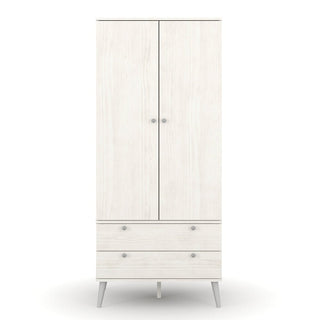 The CHOICEWARDROBE Avoch 2 Door Wooden Wardrobe in white woodgrain finish features metal legs, two upper doors, and two drawers below—perfect for compact bedroom storage. Its modern design adds style and practicality to any space.