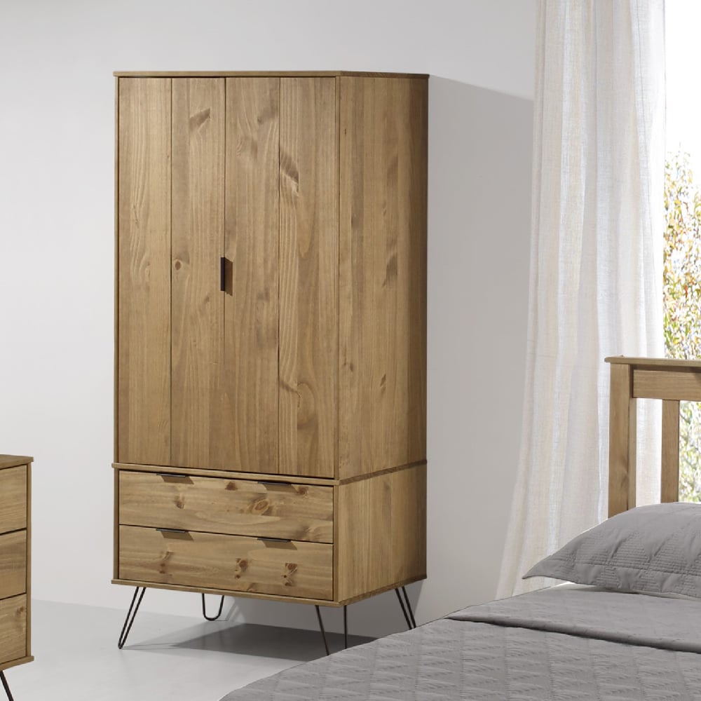 CHOICEWARDROBE Avoch 2 door wooden wardrobe, rustic oak finish, with 2 drawers, on hairpin legs.