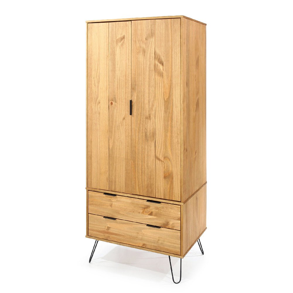 Avoch 2-door wooden wardrobe with 2 drawers, rustic oak finish, modern hairpin legs.