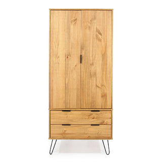 The CHOICEWARDROBE Avoch 2 Door Wooden Wardrobe offers double doors, two drawers, a rustic oak finish, and modern hairpin legs with a sleek minimalist design—perfect for stylish and practical bedroom storage.