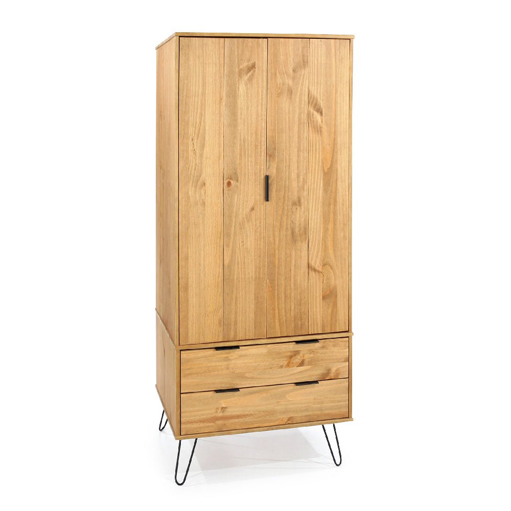 CHOICEWARDROBE Avoch rustic oak wooden wardrobe with 2 doors and 2 drawers on black hairpin legs.