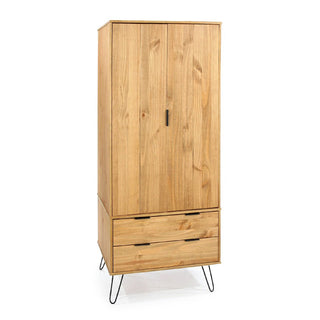 The CHOICEWARDROBE Avoch 2 Door Wooden Wardrobe in rustic oak finish features two drawers, black metal hairpin legs, and a sleek minimalist design—perfect for stylish bedroom storage.