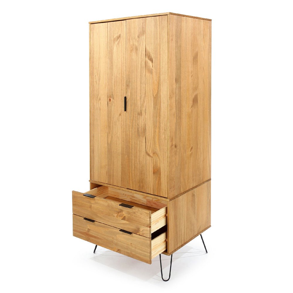 CHOICEWARDROBE Avoch oak wooden wardrobe with two doors and two visible drawers on hairpin legs.