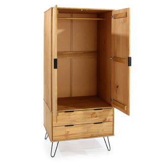 The CHOICEWARDROBE Avoch 2 Door Wooden Wardrobe in Rustic Oak reveals an empty space with a hanging rod, upper shelf, and two lower drawers. Modern hairpin legs and sleek black handles add minimalist style to your bedroom storage.