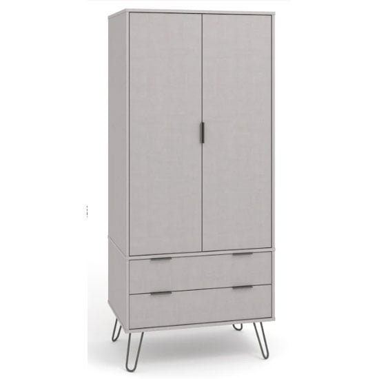 Grey 2-door wardrobe with 2 drawers and metal hairpin legs - front view