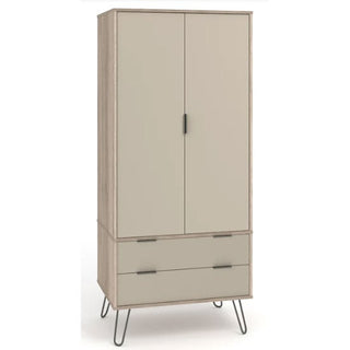 The CHOICEWARDROBE Avoch Taupe 2 Door Wardrobe features a tall, rectangular design with light wood frame, taupe doors, two drawers, black handles, and metal hairpin legs—ideal for stylish bedroom storage. Shown on a plain white background.