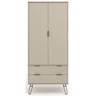 The CHOICEWARDROBE Avoch Taupe 2 Door Wardrobe features a modern wooden design in taupe, two doors, two drawers, slim black handles, and stylish black metal hairpin legs—an elegant storage solution for any bedroom.
