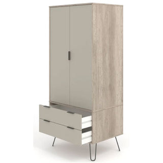 The CHOICEWARDROBE Avoch Taupe 2 Door Wardrobe features two upper doors, two spacious drawers, sleek black metal hairpin legs, and a modern taupe finish—ideal for stylish and practical bedroom storage.