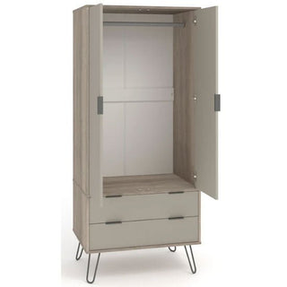 The CHOICEWARDROBE Avoch Taupe 2 Door Wardrobe features a modern design with two doors, two spacious drawers, and sturdy metal hairpin legs—offering both style and functional storage for your bedroom.