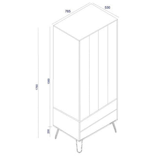 Isometric line drawing of the CHOICEWARDROBE Avoch Taupe 2 Door Wardrobe, a modern wooden wardrobe with 2 drawers and metal hairpin legs; shown: height 1760 mm, width 765 mm, depth 530 mm, base height 200 mm—perfect for bedroom storage.
