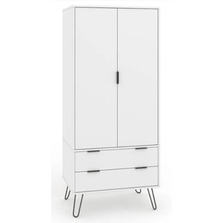 The CHOICEWARDROBE Avoch White 2 Door Wardrobe features two upper doors, two lower drawers, sleek black handles, and modern metal hairpin legs for a compact industrial look.