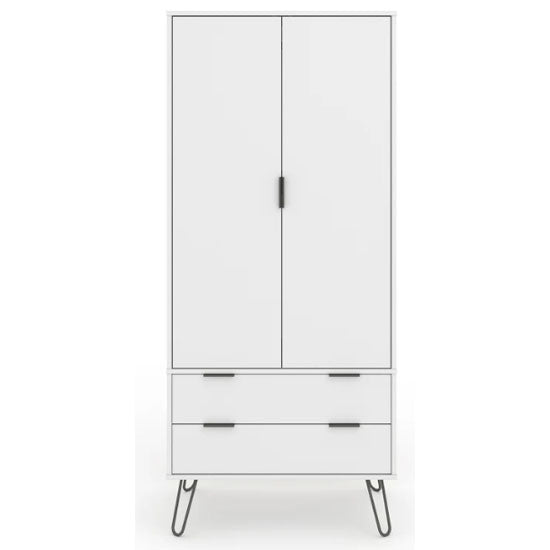 White 2-door wardrobe with 2 drawers, black handles, and metal hairpin legs.