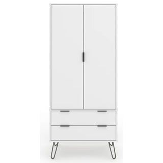 The CHOICEWARDROBE Avoch White 2 Door Wardrobe has a sleek, modern design with two upper doors, two drawers beneath, black handles, and angled black metal hairpin legs for a compact and minimalistic industrial look.